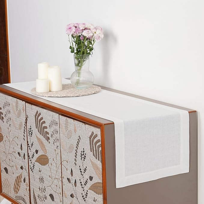 D'Moksha Homes Linen White Table Runner 108 Inches Long - 100% Pure Linen Dining Table Runner 14 x 108 Inch for Valentines, Spring, Easter - Machine Washable