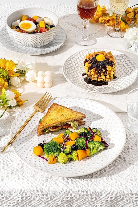 24-Piece Ceramic Dinnerware Set,Large Plates and Bowls Set for 6,Elegant Dish Set for Families & Entertaining–Microwave & Dishwasher Safe Tableware (Double Bowl)