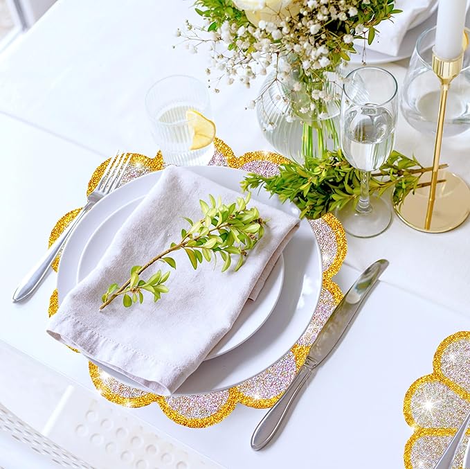 Washable Waterproof Diamond Circle Placemats for Round Tablescape Decor for Dinner and Kitchen Bling Placemats for Weddings & Special Events-8 PCS (Yellow)