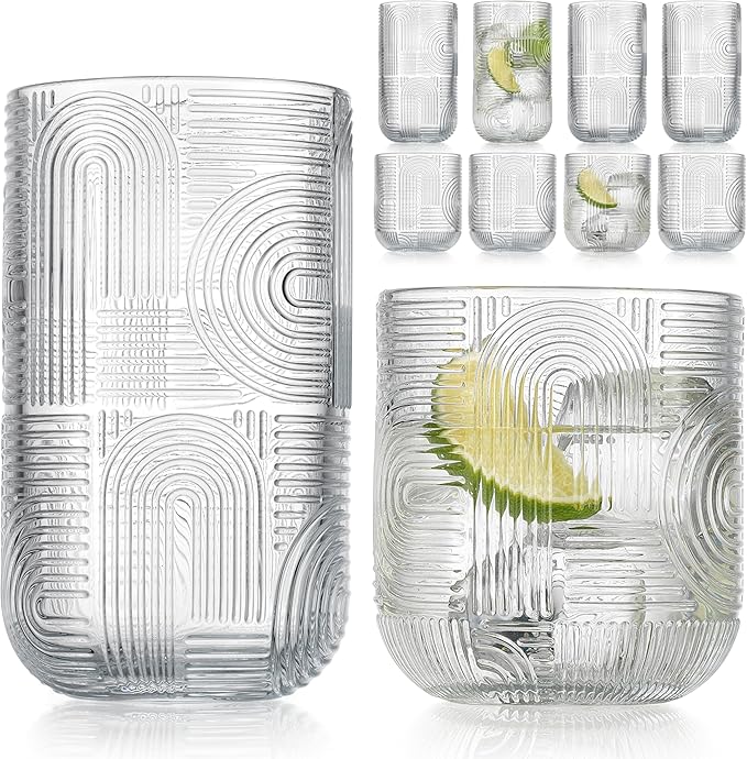 Glaver's Urban 8-Piece Premium Textured Glassware Set. 4 Highball 17oz Drinking Glasses and 4 DOF 13.2 oz Whiskey Glass Tumblers – Elegant Ribbed Arch Textured Design for Water, Juice, Cocktails.