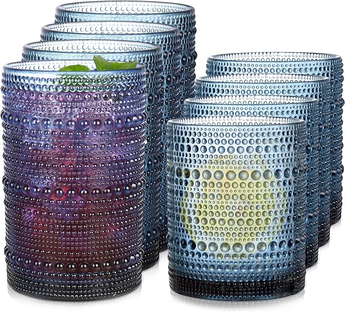 Blue Hobnail Drinking Glasses Set of 8，15 oz Vintage Highball Glassess & 12 oz Cocktail Glasses，Drinkware Kitchen Glasses for Cocktail, Iced Coffee, Beer, Ice Tea, Wine, Whiskey, Water