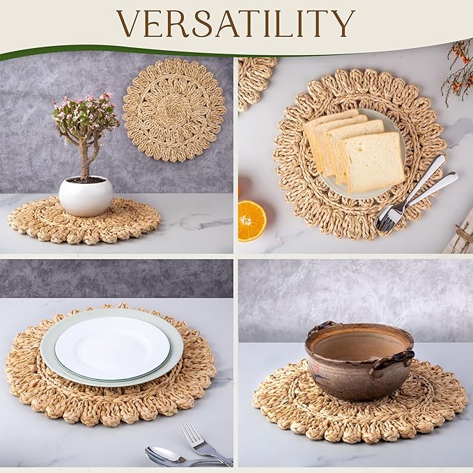 13.8" Corn Husk Woven Round Placemats Set of 4 - Wicker Boho Farmhouse Placemats - Rattan Table Mats for Dining Table, Wedding, Home