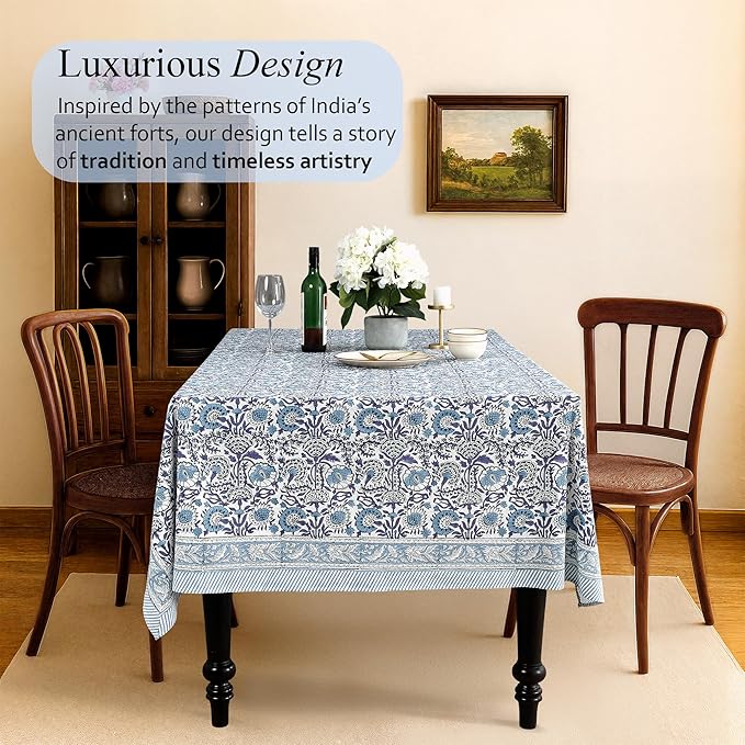 CPC Tablecloth 100% Cotton 72x140 Inch Indian Block Print Rectangle Table Cover, Blue Table Cloth for Weddings, Spring/Summer, Barbeque - Indigo Blue