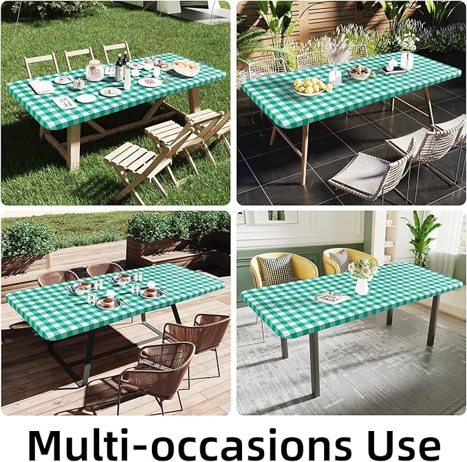 Smiry Rectangle Picnic Table Cloth, Elastic Waterproof Fitted Vinyl Tablecloths, Flannel Backed Buffalo Plaid Table Covers for Dining, Camping, Outdoor (White and Green, 30" x 96")