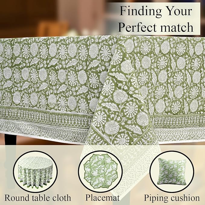 CPC Olive Bloom Tablecloth 100% Cotton 80x120 Inch Indian Block Print Rectangle Table Cover, Table Cloth for Gifting in Weddings, Halloween, Fall, Christmas, Thanksgiving