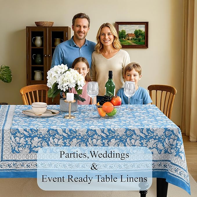 CPC Tablecloth 100% Cotton 70x118 Inch Indian Block Print Rectangle Table Cover, Washable Table Cloth for Weddings, Spring/Summer, Barbeque - Blue Sapphire