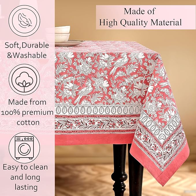 CPC Cotton Tablecloth 80x120 Inch Rectangle Indian Block Print Tablecloth- Pink Washable Wedding Table Cover for Thanksgiving/Christmas- Pink Coral