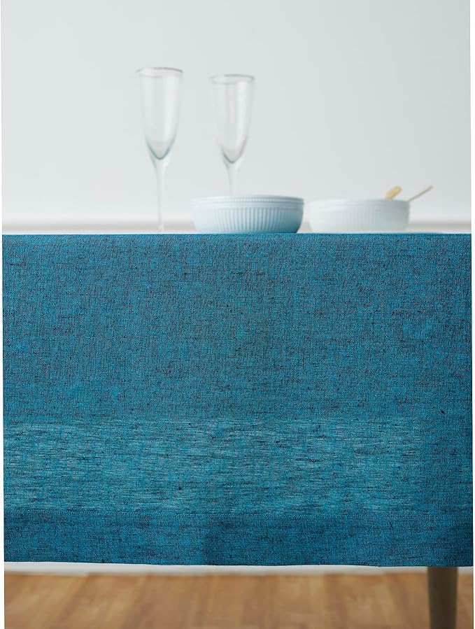 Solino Home Linen Tablecloth 60 x 90 Inch - 100% Pure Linen Chambray Teal Table Cloth for Rectangle Tables - Athena, Machine Washable Tablecloth for Spring, Easter, St Patricks Day