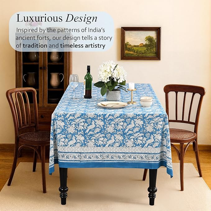 CPC Tablecloth 100% Cotton 70x118 Inch Indian Block Print Rectangle Table Cover, Washable Table Cloth for Weddings, Spring/Summer, Barbeque - Blue Sapphire
