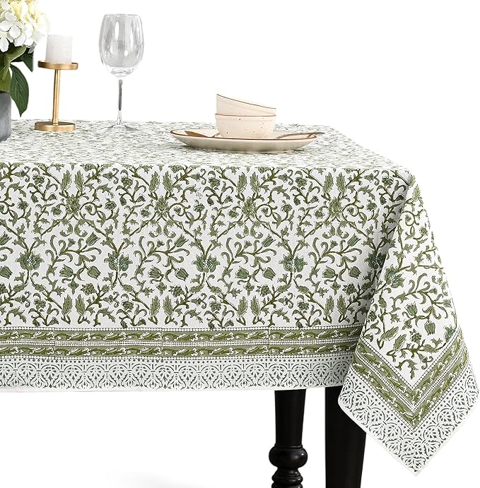 CPC Meadow Vine Tablecloth 100% Cotton 70x108 Inch Indian Block Print Rectangle Table Cover, Table Cloth for Gifting in Weddings, Halloween, Fall, Christmas, Thanksgiving