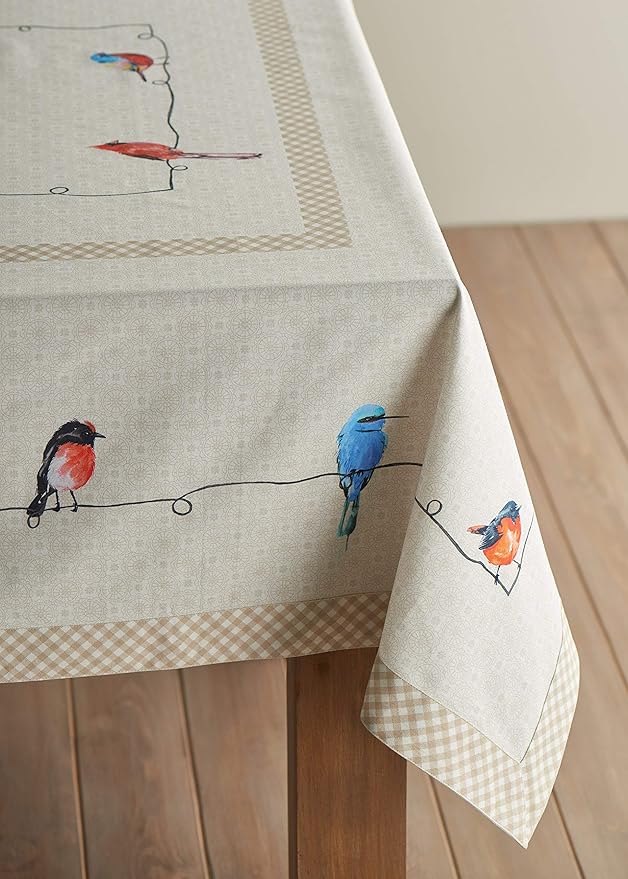 Maison d' Hermine Table Cloth Square Table 100% Cotton 54 x 54 Inches Tablecloth Reusable Decorative for Dining Room Farmhouse Home Valentines Day Decorations Spring Summer - Birdies on Wire