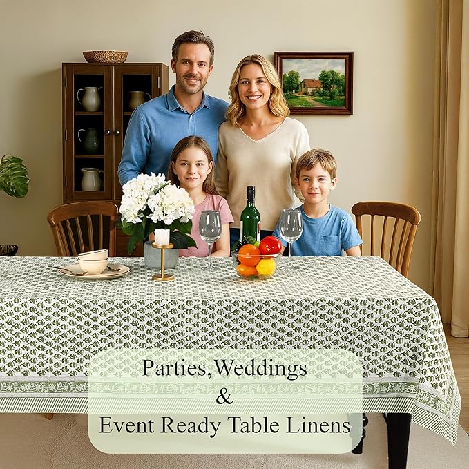 CPC Tablecloth 100% Cotton 70x108 Inch Indian Block Print Rectangle Table Cover, Green Table Cloth for Weddings, Spring/Summer, Barbeque - Emerald Green