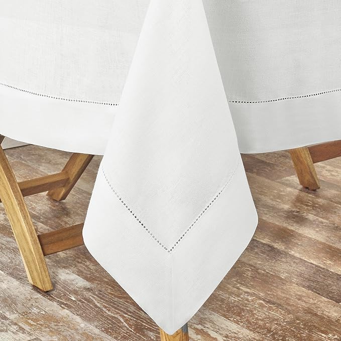 D'Moksha Homes White Linen Tablecloth for Rectangle Tables 60 x 84 Inch - Classic Hemstitch 100% Pure Linen White Table Cloth - Machine Washable Dining Tablecloth for Christmas, Holiday, New Year