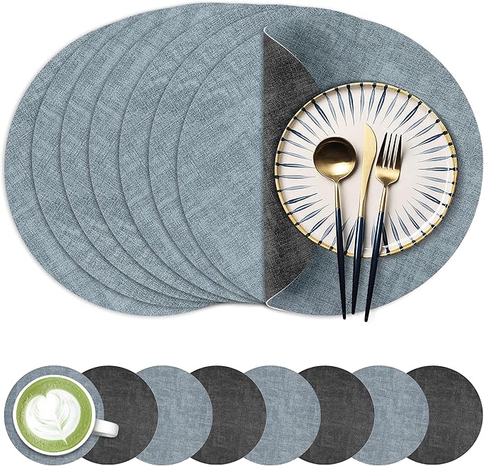 13-Inch Faux Leather Round Placemats Set of 8, Waterproof Anti-Slip Dual Sided Place mats, Heat Resistant Washable Table Mats with Coaster, Suitable for Indoor & Outdoor (8, Black Light Blue)