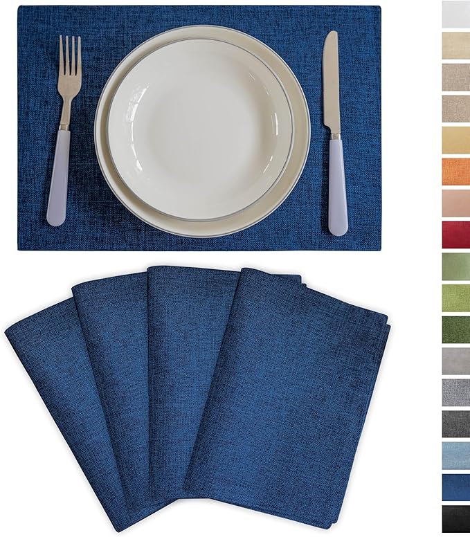 Demetex Cloth Table Placemats Heat Resistant Linen Place Mats Set of 4 Navy Blue Stains Resistant Plate Mats for Dinner Party Banquet, Indigo
