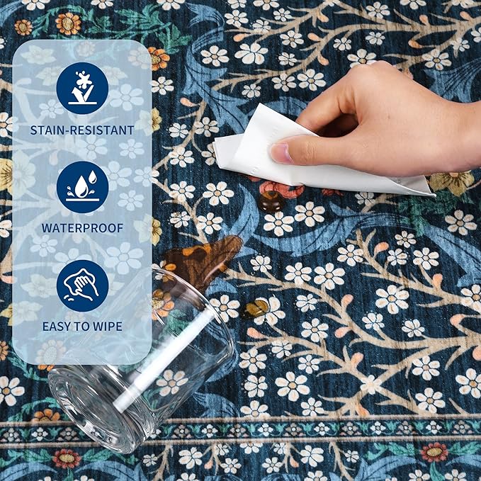 GarveeHome Floral Hallway Runner Rug, 2.5x8 Kitchen Runner Rugs, Washable Non Slip Entryway Rugs Indoor, Ultra-Thin Stain Resistant Carpet Floor Mat for Laundry Room, Dark Blue