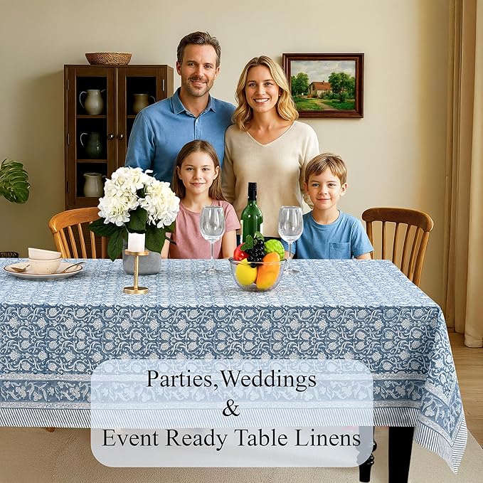 CPC Azure Regal Tablecloth 100% Cotton 70x108 Inch Indian Block Print Rectangle Table Cover, Table Cloth for Gifting in Weddings, Halloween, Fall, Christmas, Thanksgiving