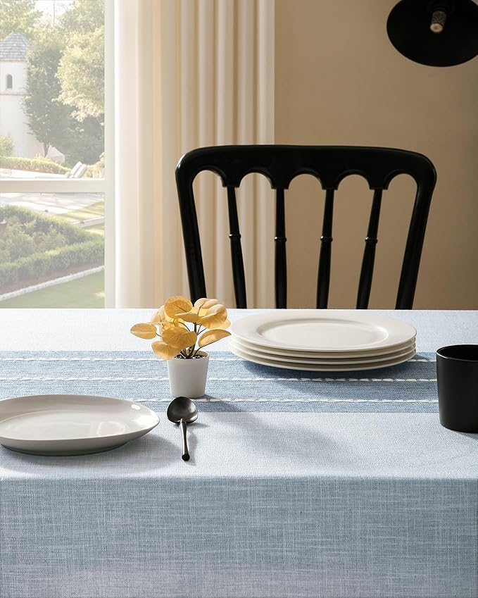 ZeeMart Contrast Linen Table Cloth Rectangle Table Cloths 60x84 Inch Blue, Farmhouse Style Heavy Weight Blue Tablecloth, Water Resistant Burlap Tablecloths