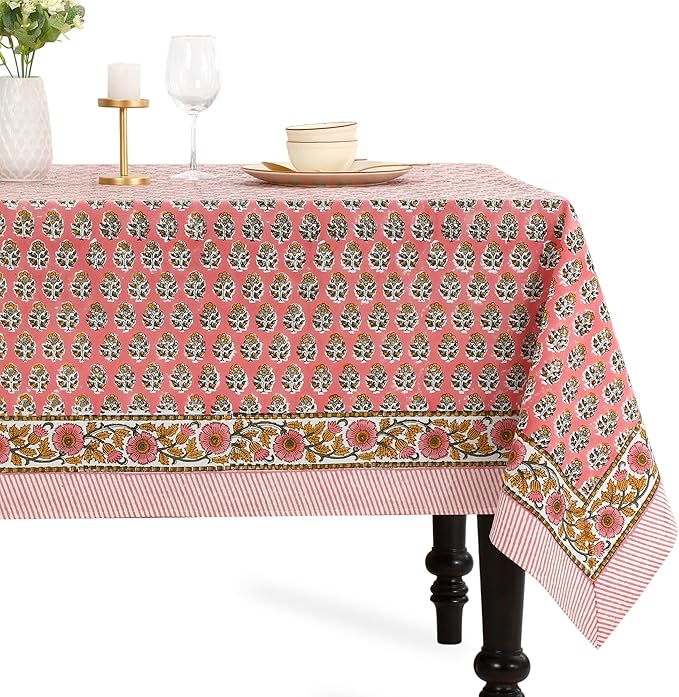 CPC Tablecloth 100% Cotton 70x108 Inch Indian Block Print Rectangle Table Cover, Washable Table Cloth for Weddings, Spring/Summer, Barbeque - Poppy Pink