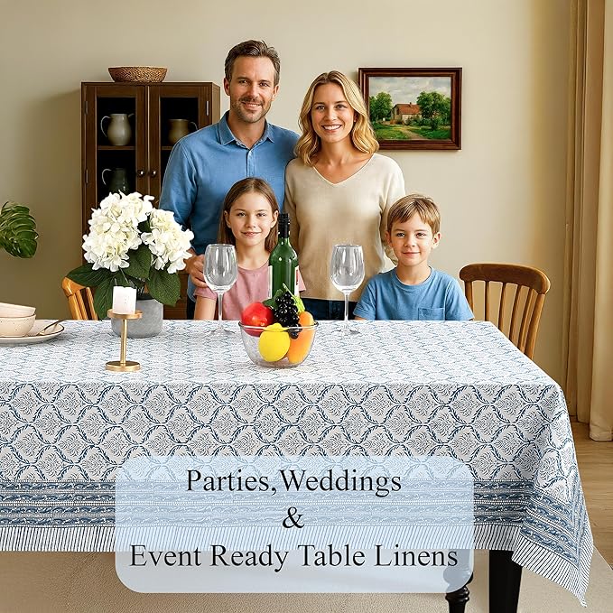 CPC Indigo Regal Tablecloth 100% Cotton 72x160 Inch Indian Block Print Rectangle Table Cover, Table Cloth for Gifting in Weddings, Halloween, Fall, Christmas, Thanksgiving