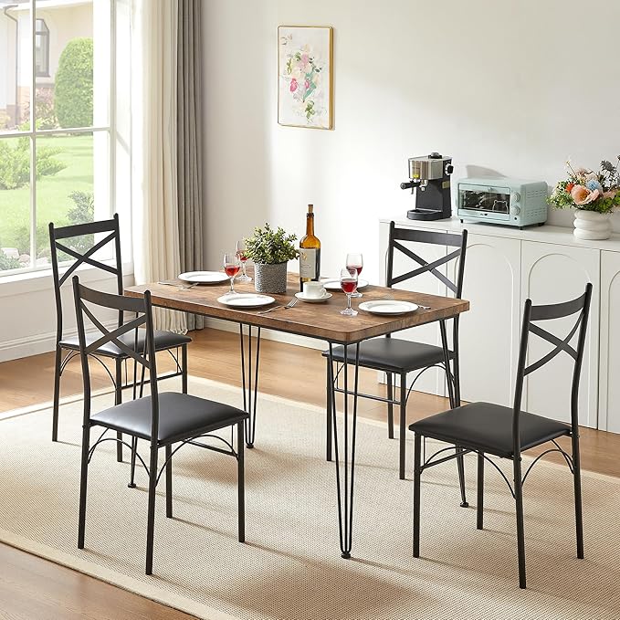 VECELO Dining Table Set for 4, Kitchen Table Set with 4 Chairs for Small Space, Space-Saving and Modern Design, Apartment, Easy to Assemble,Classic Brown