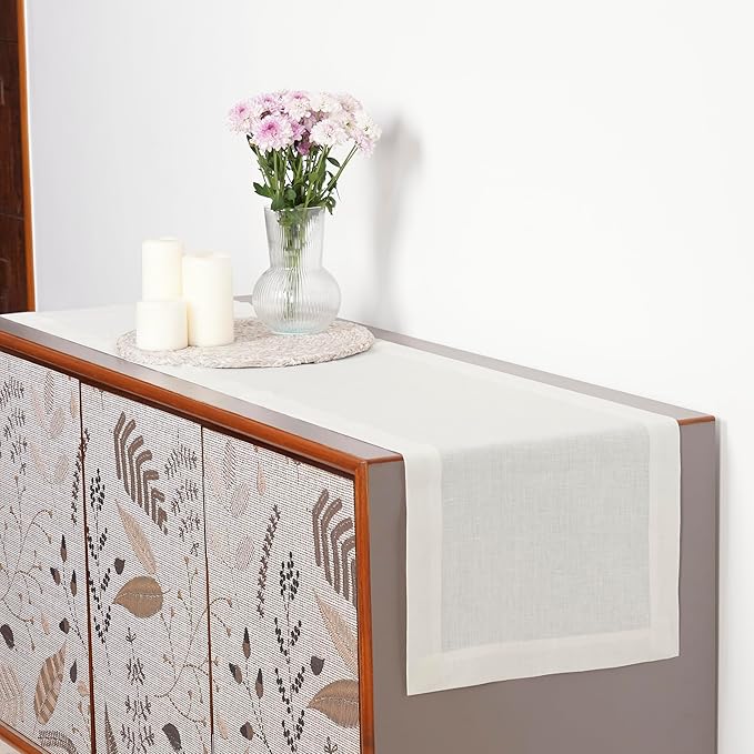 D'Moksha Homes Linen Ivory Table Runner 90 Inches Long - 100% Pure Linen 14 x 90 Inch Table Runner for Dining, Valentines, Spring, Easter - Machine Washable