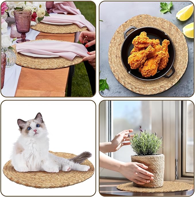 Kochorie Set of 6 Round Woven Placemats 13.5-Inch Natural Water Hyacinth Plant Placemats Hand-Woven Boho Rattan Placemat Wicker Weave Table Mats for Home Dinner Plates Holiday Supplies