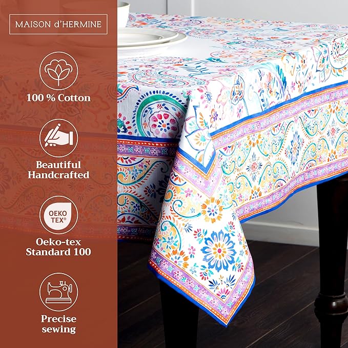 Maison d' Hermine Table Cloth Rectangle Table 100% Cotton 70 x 108 Inches Tablecloth Reusable Decorative for Dining Room Farmhouse Home Valentines Day Decorations Spring Summer - Indian Floral