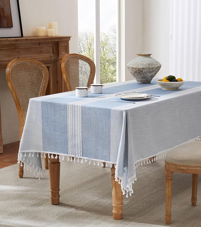 ZeeMart Contrast Linen Table Cloth Square Table Cloths 60x60 Inch Mid-Stripe Blue, Farmhouse Style Heavy Weight Dusty Blue Tablecloth, Water Resistant Burlap Tablecloths
