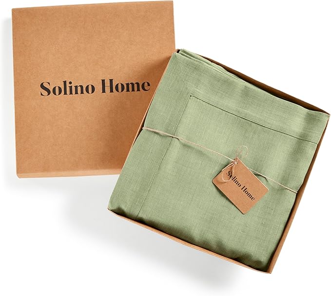 Solino Home Linen Tablecloth 60 x 144 Inch - 100% Pure Linen Chambray Olive Table Cloth for Rectangular Tables - Athena, Machine Washable Cloth Tablecloth for Spring, St Patricks Day
