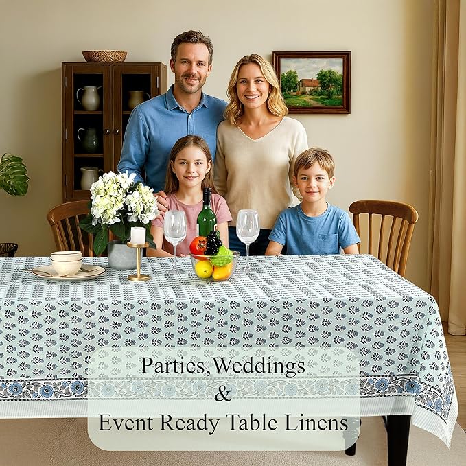 CPC Tablecloth 100% Cotton 60x90 Inch Indian Block Print Rectangle Table Cover, Washable Table Cloth for Weddings, Spring/Summer, Barbeque - Poppy Blue