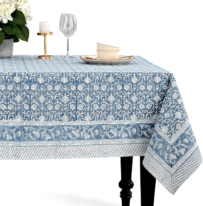 CPC Azure Regal Tablecloth 100% Cotton 70x108 Inch Indian Block Print Rectangle Table Cover, Table Cloth for Gifting in Weddings, Halloween, Fall, Christmas, Thanksgiving