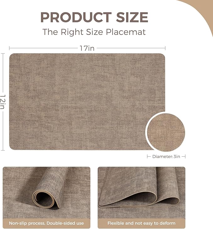 Vinyl Placemats Set of 4, Faux Leather Waterproof and Heat Resistant Place Mats, Washable Anti-Slip Table Mats with Coaster, Wipeable Placemats for Indoor & Outdoor 17" x 12" (Light Coffee, Set of 4)