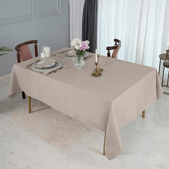 D'Moksha Homes Natural Linen Tablecloth 60 x 120 Inch - 100% Pure Linen Hemstitch Tablecloth for Rectangle Tables - Classic Hemstitch, Machine Washable Table Cloth for Valentines, Spring, Easter
