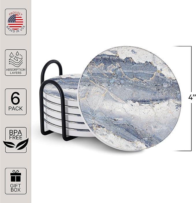 Emerson Essentials Coasters for Drinks Absorbent with Holder, Set of 6, Cork Bottom Ceramic Stone Marble Style for Wooden Coffee Bar Tables, Glass Tabletop Non Slip, Natural Stone