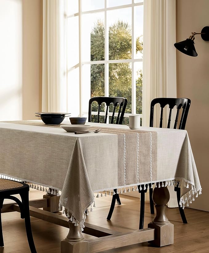 ZeeMart Contrast Linen Table Cloth Rectangle Table Cloths 60x120 Inch Brown, Farmhouse Style Heavy Weight Beige Tablecloth, Water Resistant Burlap Tablecloths