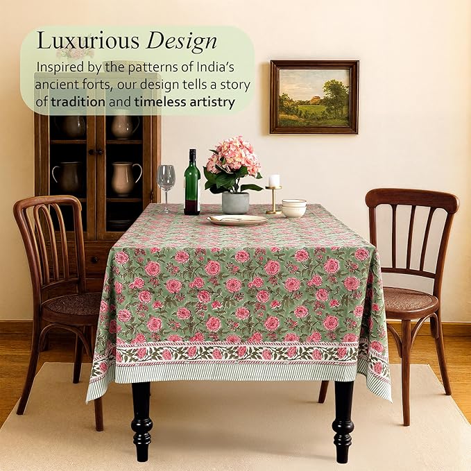 CPC Tablecloth 100% Cotton 72x140 Inch Indian Block Print Rectangle Table Cover, Pink Table Cloth for Weddings, Spring/Summer, Barbeque - Pink Tourmaline