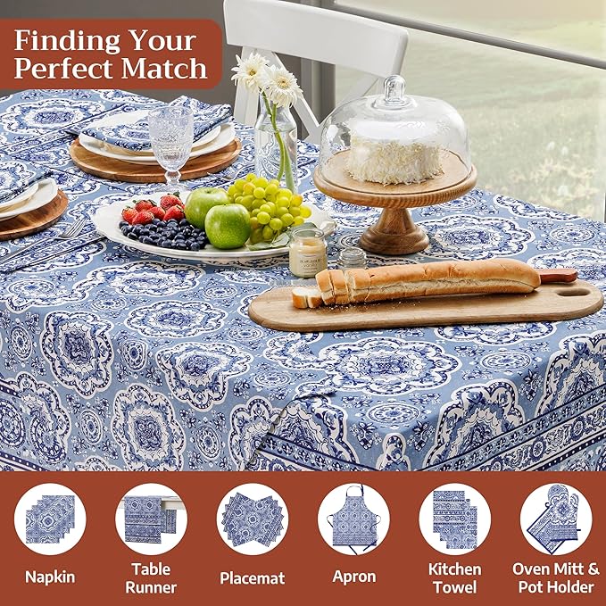 Maison d' Hermine Table Cloth Rectangle Table 100% Cotton 70 x 90 Inches Tablecloth Reusable Decorative for Dining Room Farmhouse Home Valentines Day Decorations Spring Summer - Melodie Bleue