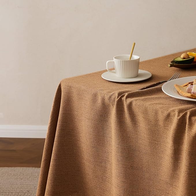 Linen Tablecloth with Tassels, Farmhouse Style Brown Tablecloth, Water Resistant Burlap Tablecloths for Round Table, 60 Inch Round Caramel
