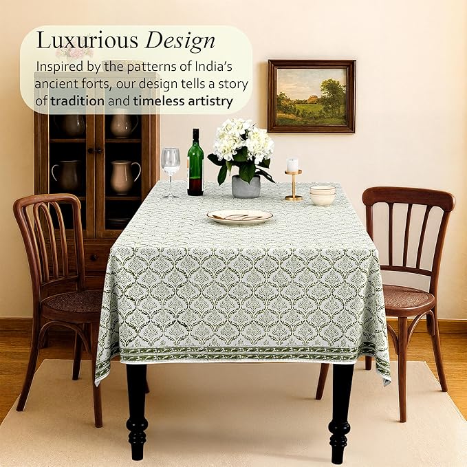 CPC Fern Regal Tablecloth 100% Cotton 70x118 Inch Indian Block Print Rectangle Table Cover, Table Cloth for Gifting in Weddings, Halloween, Fall, Christmas, Thanksgiving