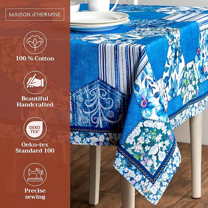 Maison d' Hermine Table Cloth Rectangle Table 100% Cotton 54 x 72 Inches Tablecloth Reusable Decorative for Dining Room Farmhouse Home Valentines Day Decorations Spring Summer - Summer Blues