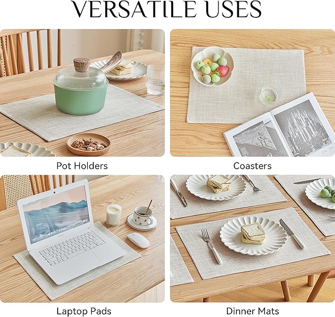 Softalker Faux Linen Placemats Set of 6-12 x 18 Inch, Heat Resistant Double Layered Durable Burlap Farmhouse Place Mats, Non-Slip Washable Rustic Table Mats for Dining, Kitchen, Party（Cream