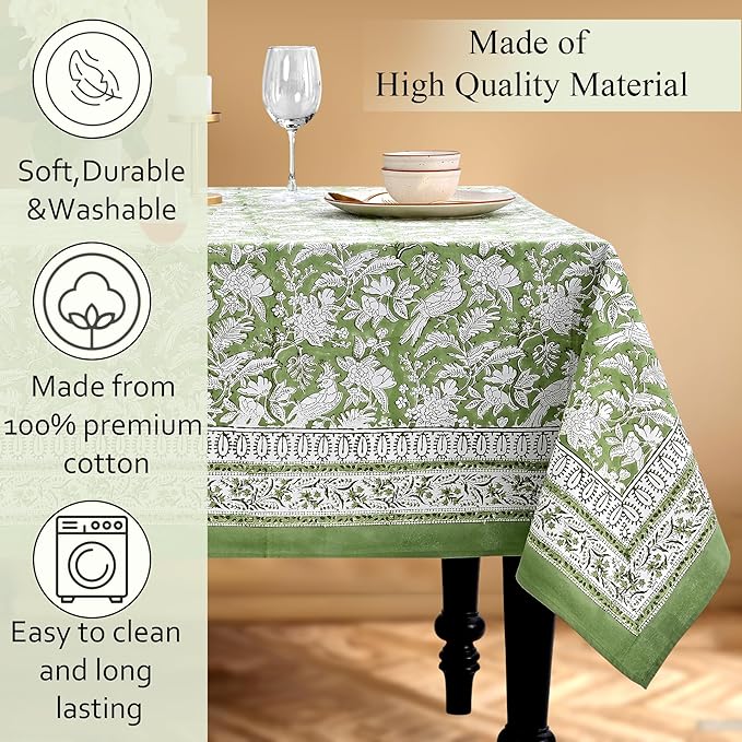 CPC Tablecloth 100% Cotton 60x60 Inch Indian Block Print Square Table Cover, Table Cloth for Weddings, Spring/Summer, Barbeque - Olive Green