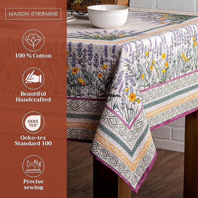 Maison d' Hermine Table Cloth Rectangle Table 100% Cotton 70 x 120 Inches Tablecloth Reusable Decorative for Dining Room Farmhouse Home Valentines Day Decorations Spring Summer - Fanny Lavender