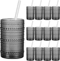 Vintage Hobnail Drinking Glasses Set of 12, 15oz Textured Tumblers - Embossed Grey Bar Glasses for Cocktails, Beer, Whiskey, Dishwasher-Safe Highball Cups for Kitchen, Juice & Mixed Drinks