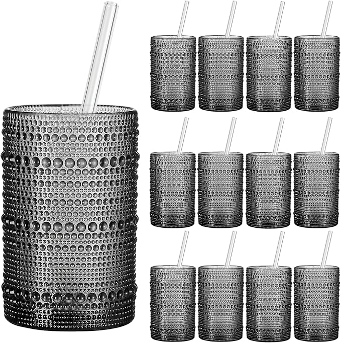 Vintage Hobnail Drinking Glasses Set of 12, 15oz Textured Tumblers - Embossed Grey Bar Glasses for Cocktails, Beer, Whiskey, Dishwasher-Safe Highball Cups for Kitchen, Juice & Mixed Drinks
