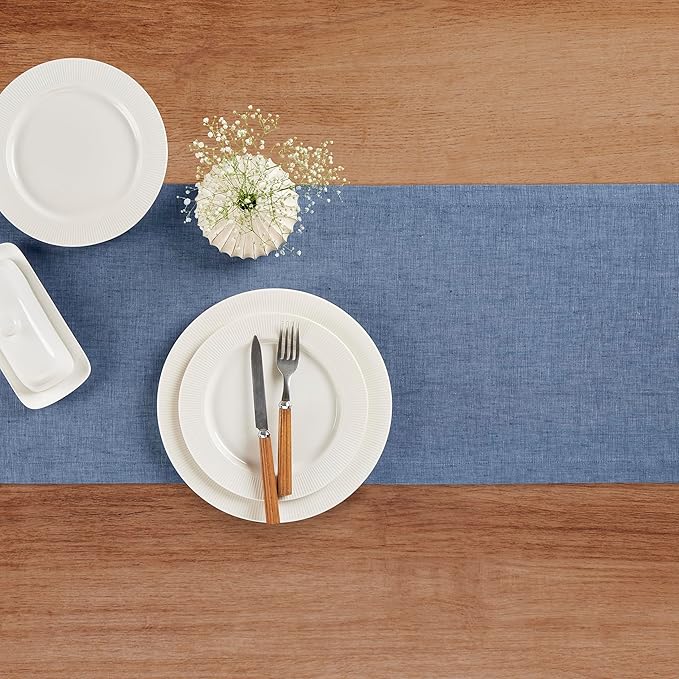 Solino Home Linen Table Runner 90 Inches Long - Athena, 100% Pure Linen Blue Denim Dining Table Runner 14 x 90 Inch for Winter, Spring, Easter