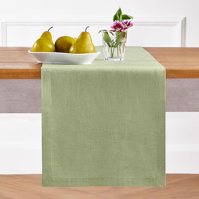 Solino Home Linen Table Runner 90 Inches Long - Athena, 100% Pure Linen Chambray Olive Table Runner 14 x 90 Inch for Dining, Spring, St Patricks Day