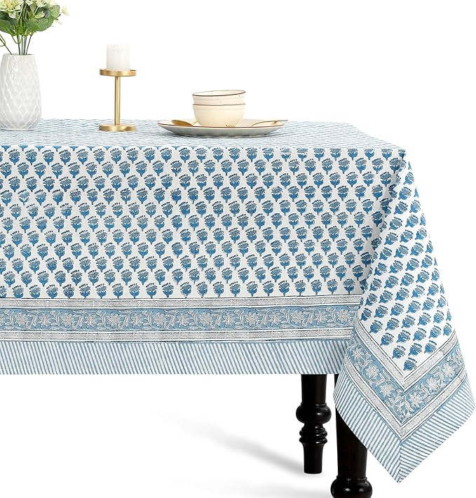 CPC Tablecloth 100% Cotton 72x160 Inch Indian Block Print Rectangle Table Cover, Blue Table Cloth for Weddings, Spring/Summer, Barbeque - Apatite Blue