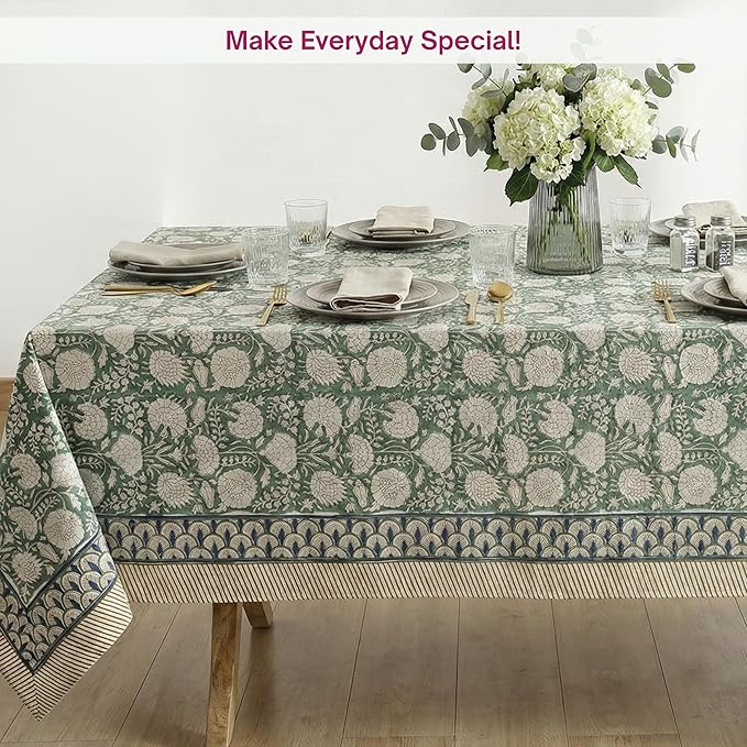ATOSII Jade 100% Cotton Rectangle Summer Tablecloth, Block Print Floral Table Cloth Linen for Dining, Parties, Weddings, Outdoors I Grand Millennial Decor 60 X 108 Inches I 8 Seater I Memorial Day
